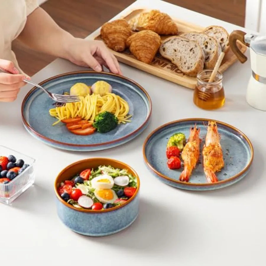 ONION Ceramic Plates and Bowls Sets 18 Pieces Blue Dinnerware for Kitchen Reactive Glaze Dishes Set for 6 Dishwasher and Microw