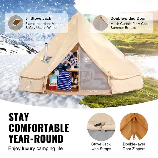 4 Season Canvas Yurt Tent 3m/9.8ft Outdoor Glamping Camping Shelter with Stove Jack Breathable Large Space