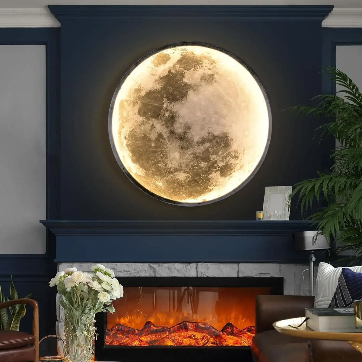 QIYIMEILUX 31.5 inch Large Moon Wall Sconce Plug in Dimmable Modern LED Wall Light with Remote Control 41W Black Wall Lamp Indoo