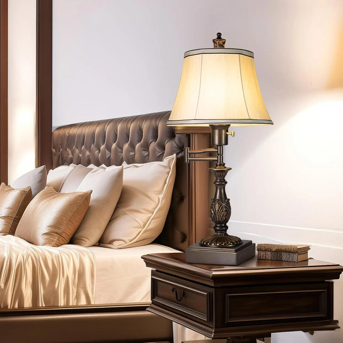 Vintage Adjustable Swing Arm Table Lamp Set of 2 with USB Ports, Brown Finish Cream Shade for Living Room Bedroom Office