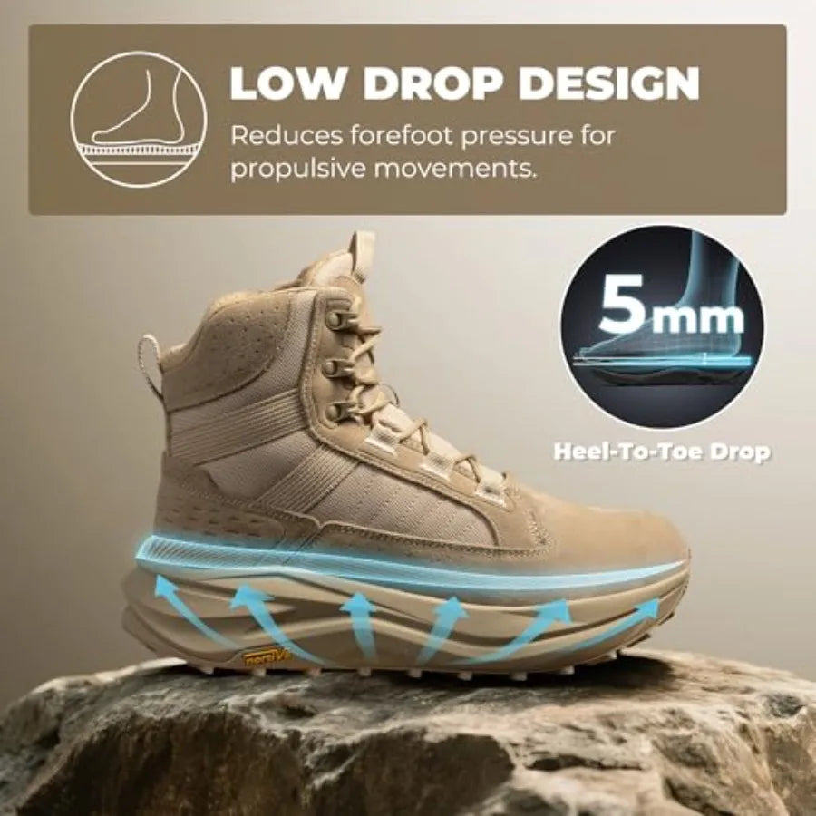 NORTIV Men's Wide Toe Box Work Military Tactical Boots Barefoot Hiking Low Drop Leather Side Zipper Motorcycle Combat Boots Pik