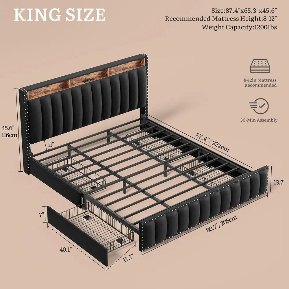 King Size Bed e with 4 Storage Ders and RGB LED Lights, Velvet Upholstered Platorm Bed with Charging Station and Bookcase Storag
