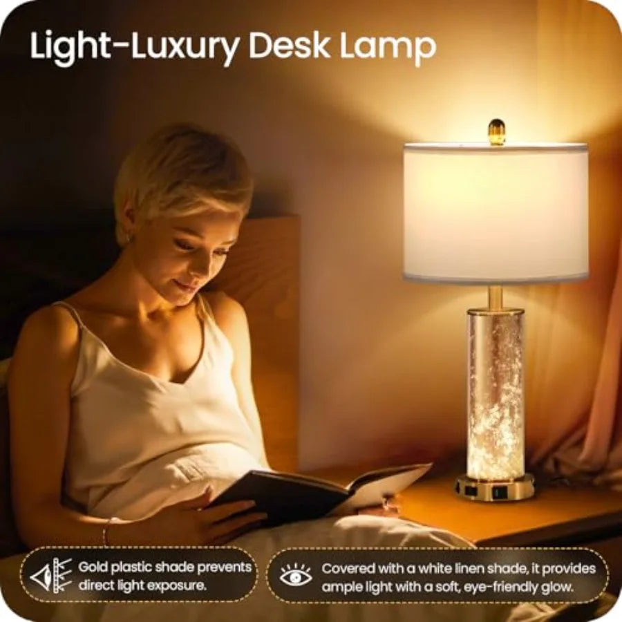 25.6" Gold Table Lamps Set of 2 Tall Bedside Lamps with Nightlight Modern Nightstand Lamp with USB Ports Desk Lamp for Bedroom