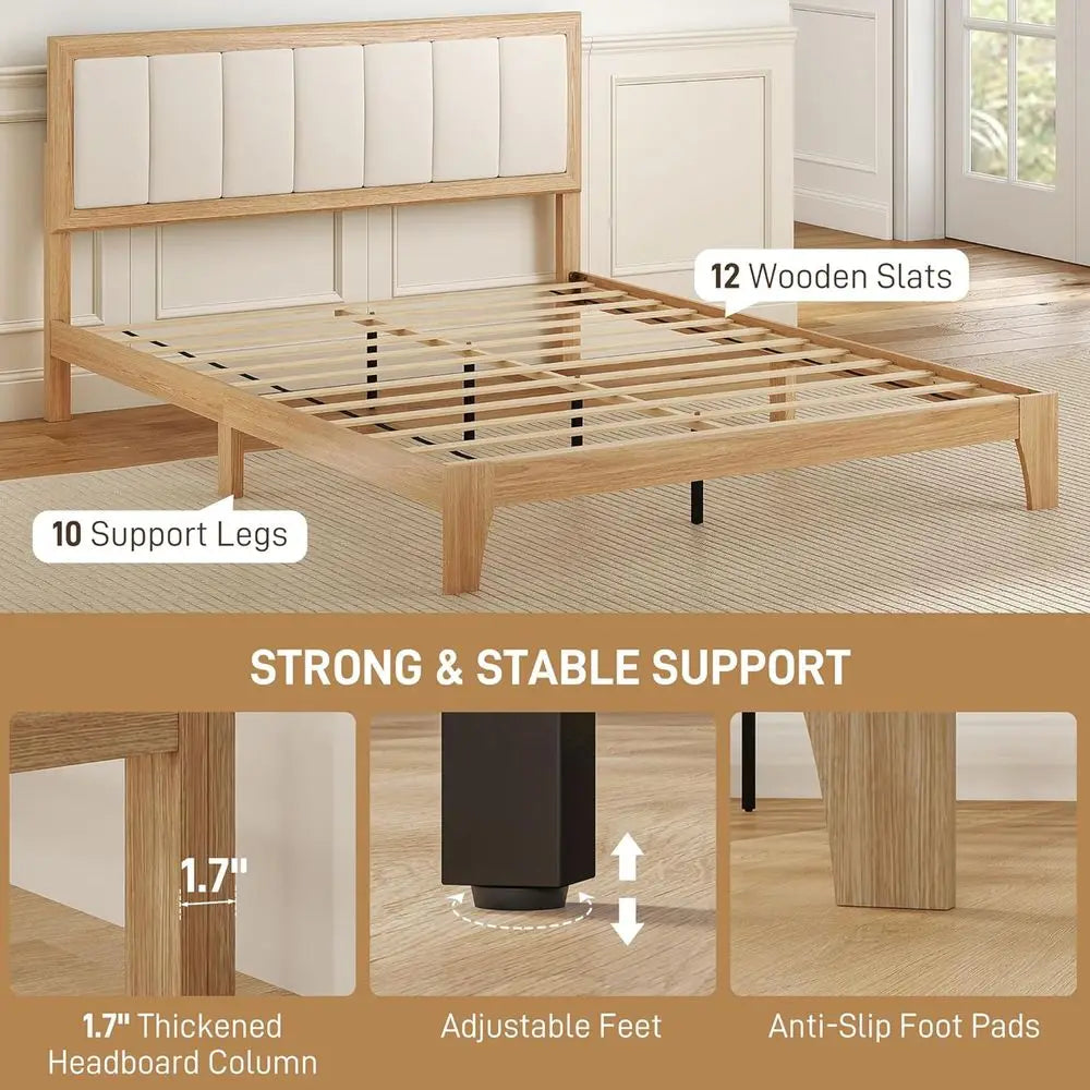 Queen Size Upholstered Platform Bed with Wooden Slats, No Box Spring Needed, Easy Assembly, Natural