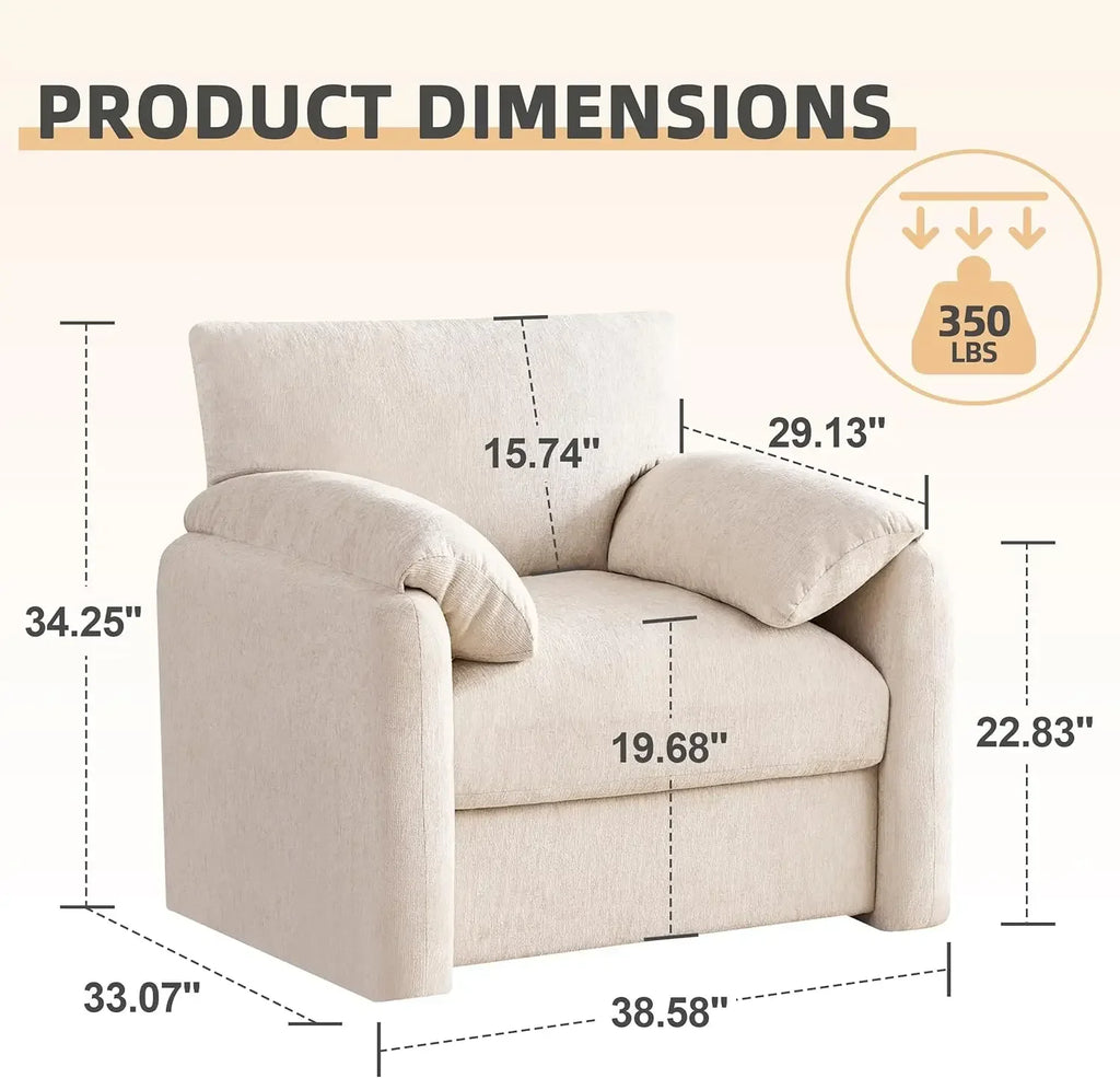 Chenille Oversized Armchair, 38.6" Wide Accent Chairs for Living Room & Bedroom Modern Lounge Chair, Upholstered Mid-Century Rea