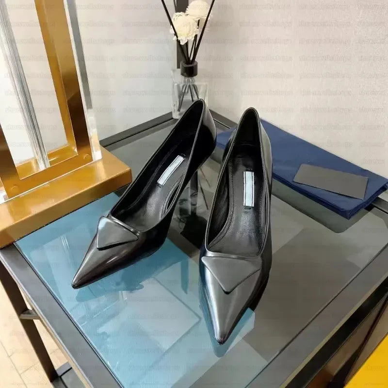 shoe designer woman heel slingbacks high heels loafers womens Sandals ballet flat Dress Shoes 7.5CM heels Black Brushed leather