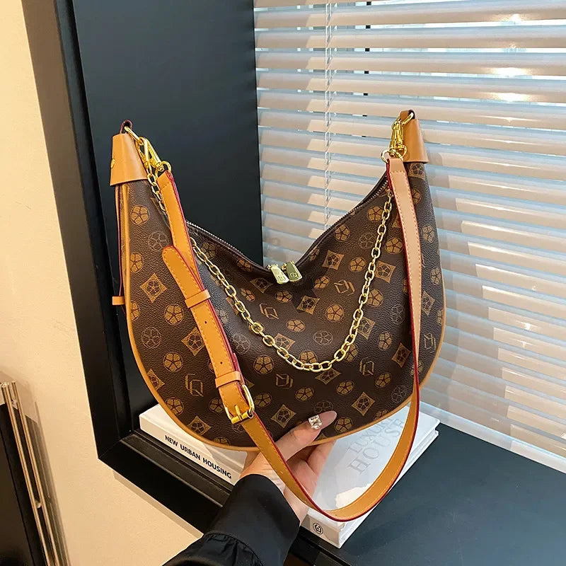 Free shipping Designer Patterned Hobo Bag with Chain Detail & Adjustable Strap Fashion Stylish Versatile Trendy Women's Handbag