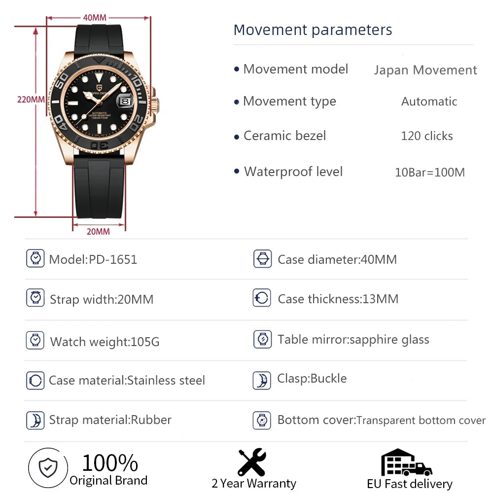 2026 New PAGANI DESIGN PD-1651 V3 Men Mechanical Watch Luxury Sapphire Glass Automatic Watch 40MM Stainless Steel Watch for Men