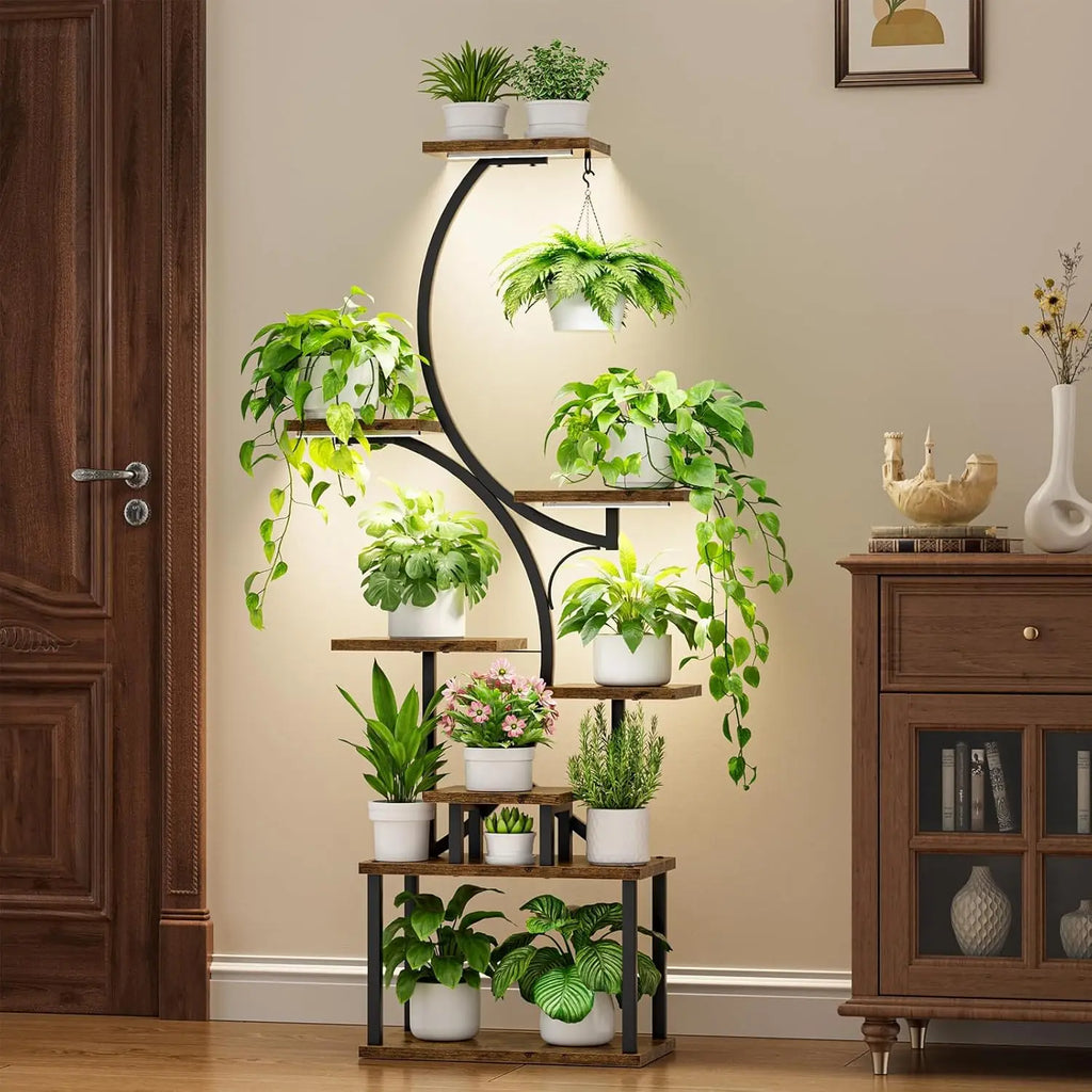 62" Tall Indoor Plant Stand with Grow Lights, 8-Tier S-Shaped Shelf for Living Room Decor, Brown