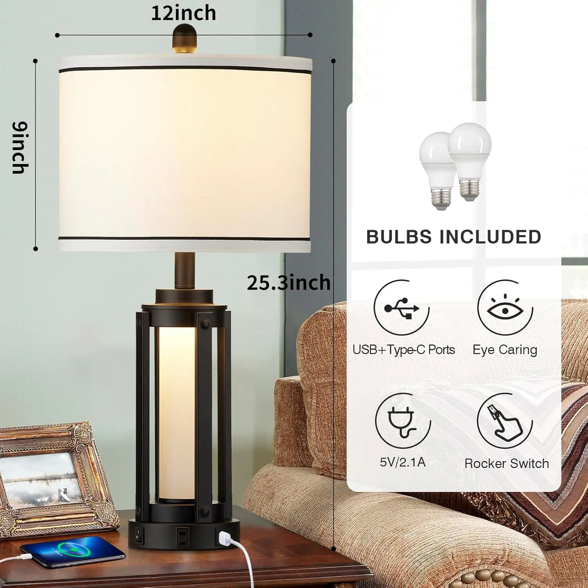 Set of 2 Modern Industrial Table Lamps with USB A+C Charging Ports, AC Outlet, and Night Light for Living Room Bedroom Decor