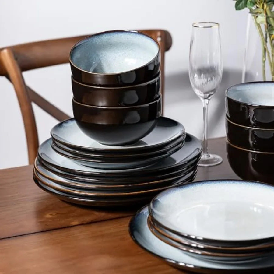 Ceramic Dinnerware Sets for 6 Stoneware Plates and Bowls Handmade Reactive Glaze Dishes Chip Resistant Scratch Resistant Oven D