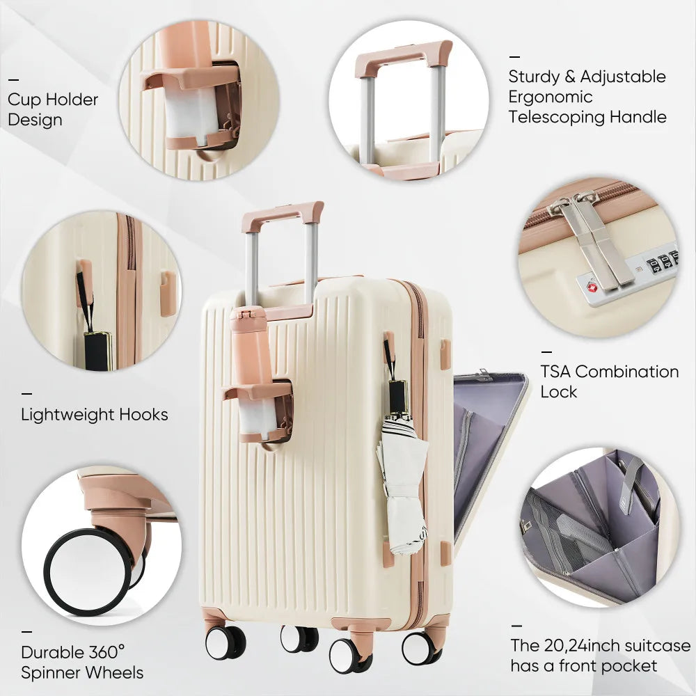 Luggage Set of 3 20 24 28inch with USB Port 20 24inch Front Opening Design Airline Certified Carry on Luggage with Cup Holder