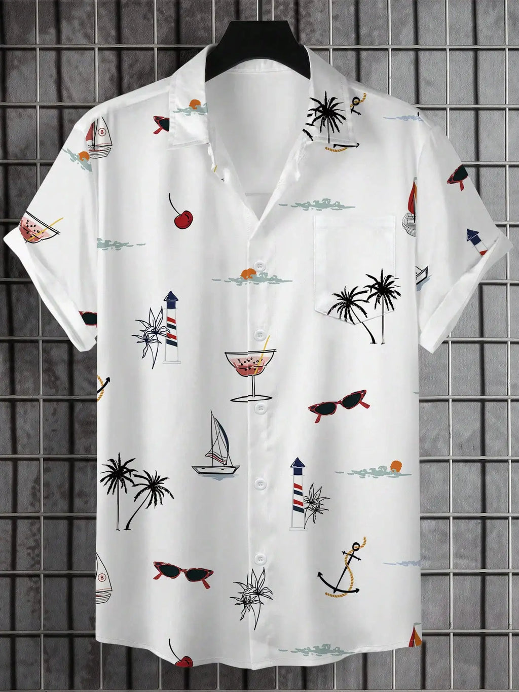 Men's Short Sleeve Button-Up Shirt with Nautical & Tropical Print, Casual Beach Style