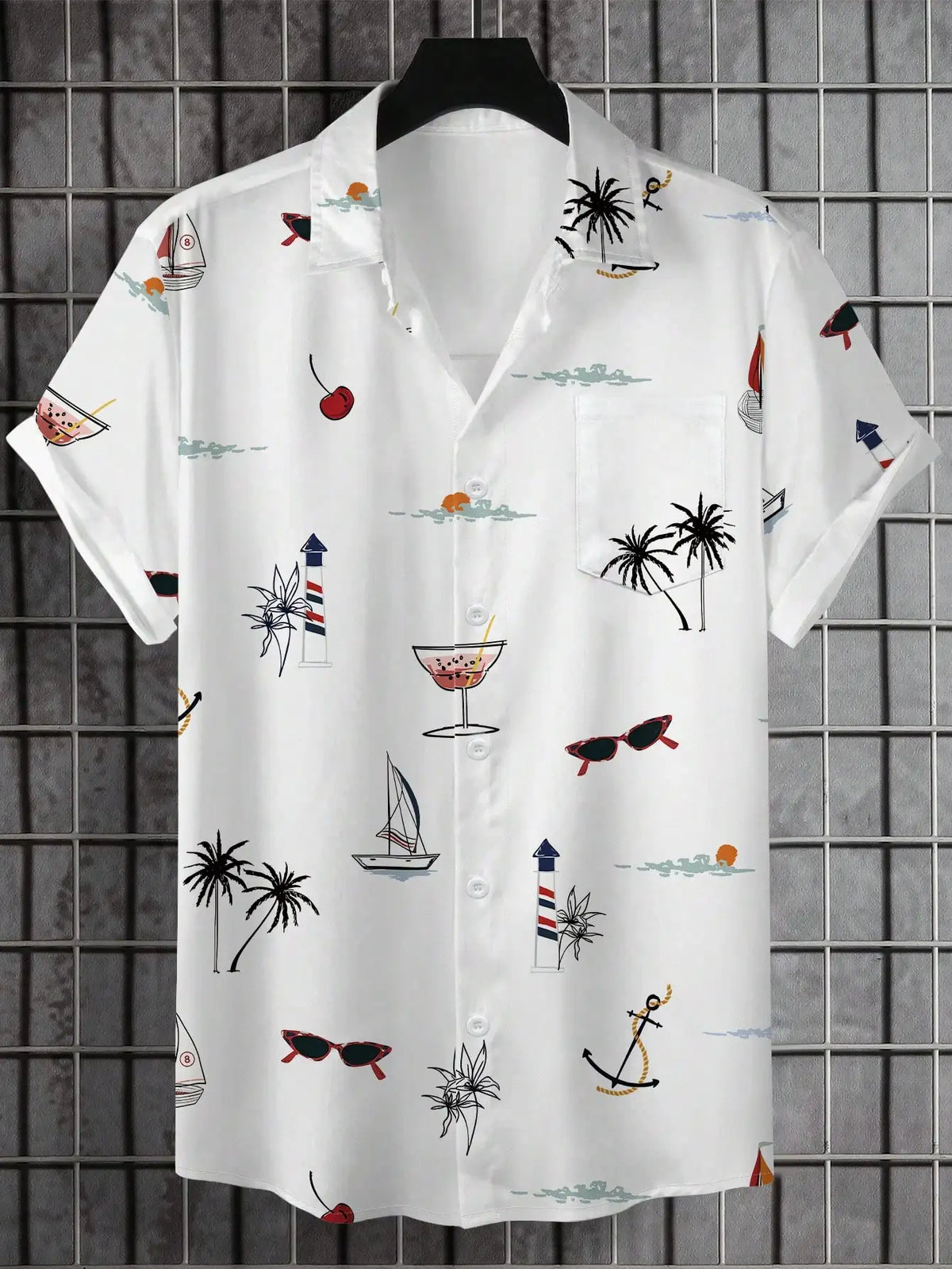 Men's Short Sleeve Button-Up Shirt with Nautical & Tropical Print, Casual Beach Style