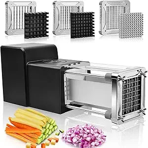 French Fry Cutter Electric Vegetable Slicer Stainless Steel with 3 Blades 1/4 3/8 1/2 Inch for Potatoes Carrots Onions