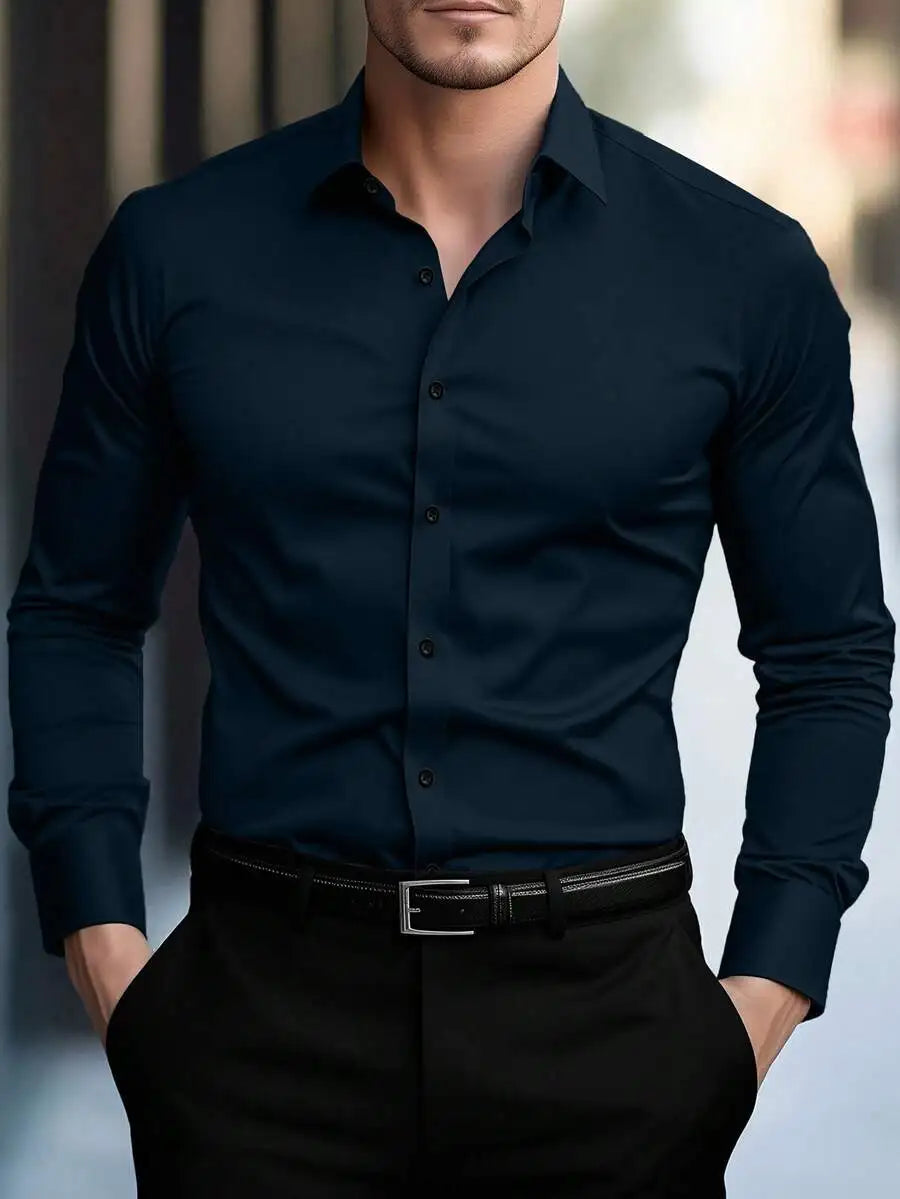Men's Solid Cream Slim Fit Long Sleeve Button-Down Shirt for Business Casual Wear