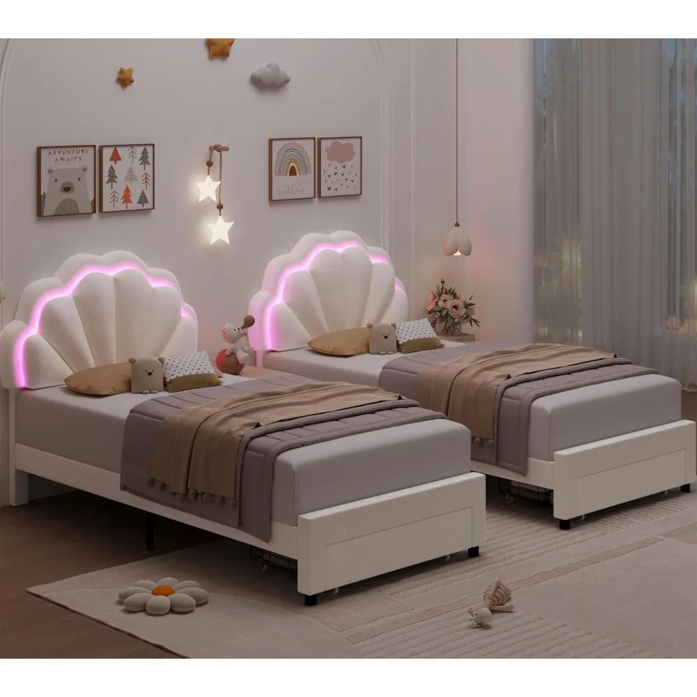 HIFIT 2 Set Twin Bed Frame with Storage and LED Light for Girls, Twin Size Upholstered LED Bed Frame with Drawer & Chic Double P