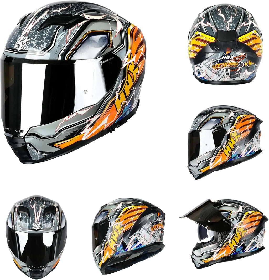 Force Glow-in-The-Dark Aerodynamic Full Face Helmet for Street E-Bikes DOT ECE Certified-Enhanced Dual Visor Adult Size Pinlock