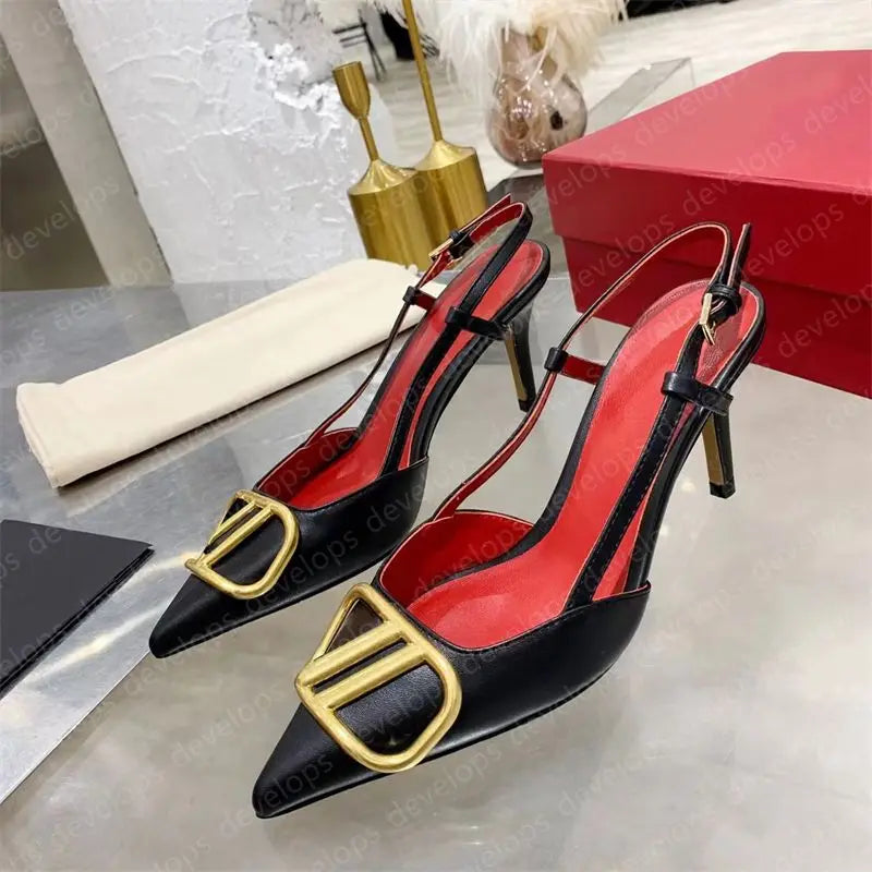 High heels designer sandals classics metal buckle pointed toe thin heel summer valentinolies luxurys brand genuine leather woman