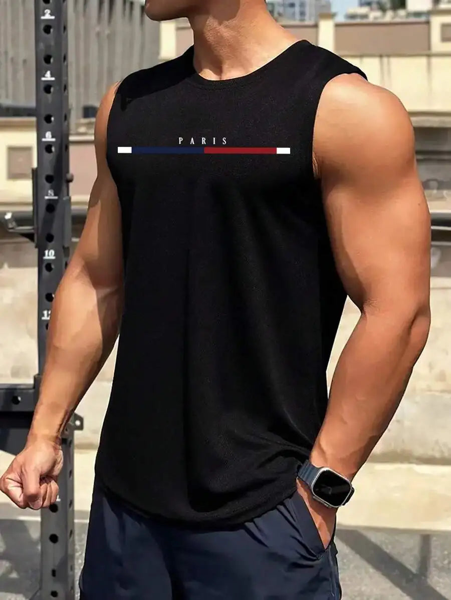 Men's Black Sleeveless Tank Top with Minimalist Color Bar Graphic