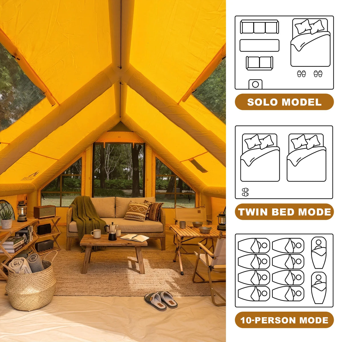 129 Sq Ft Inflatable Camping Tent Easy Setup Waterproof Oxford Air Tent House with Pump 4 Season Family Glamping Tent