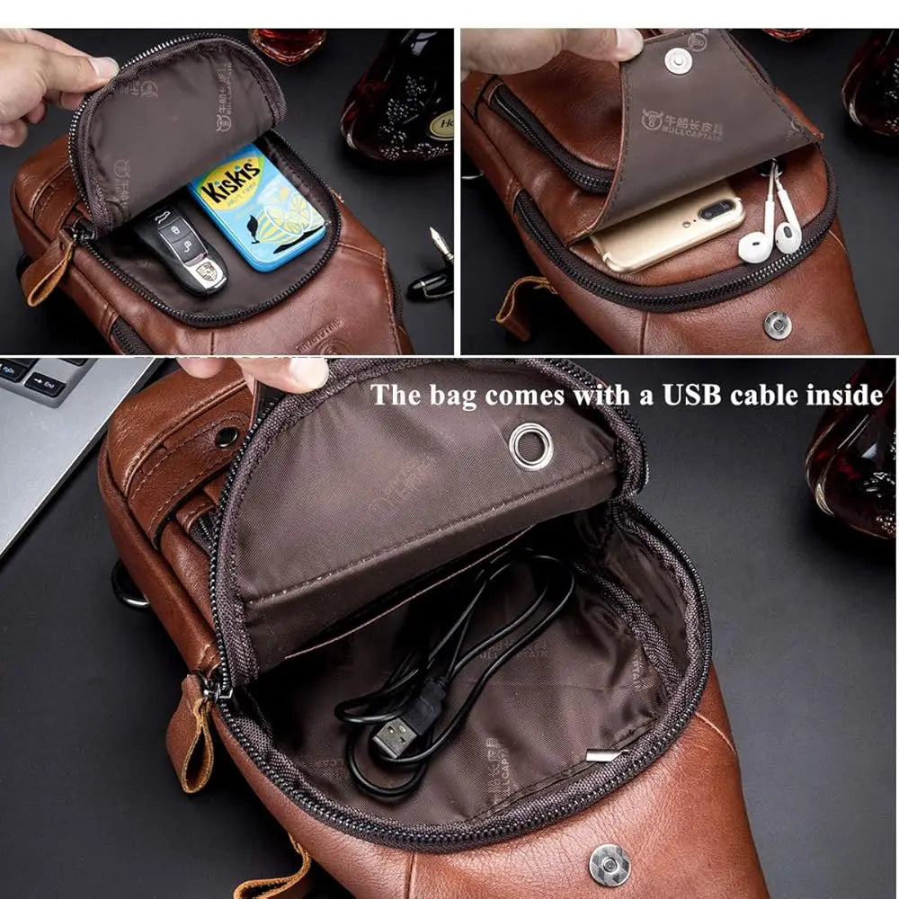 Genuine Leather Sling Bag with USB Charging Port Multi-pocket Chest Bag for Men Hiking Travel Daypack XB-129