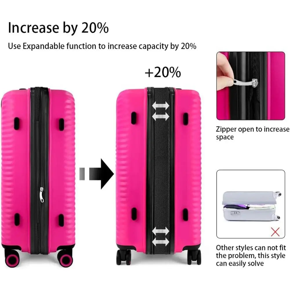 3-Piece Luggage Set: 20/24/28 with Combination Lock, Large Spinner Wheels, Unisex Travel Suitcase, Pink