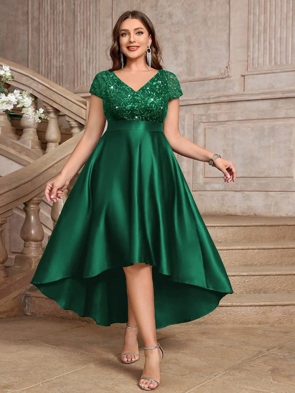 Plus Size V-Neck Sequin Embroidery Satin High-Low A-Line Formal Dress