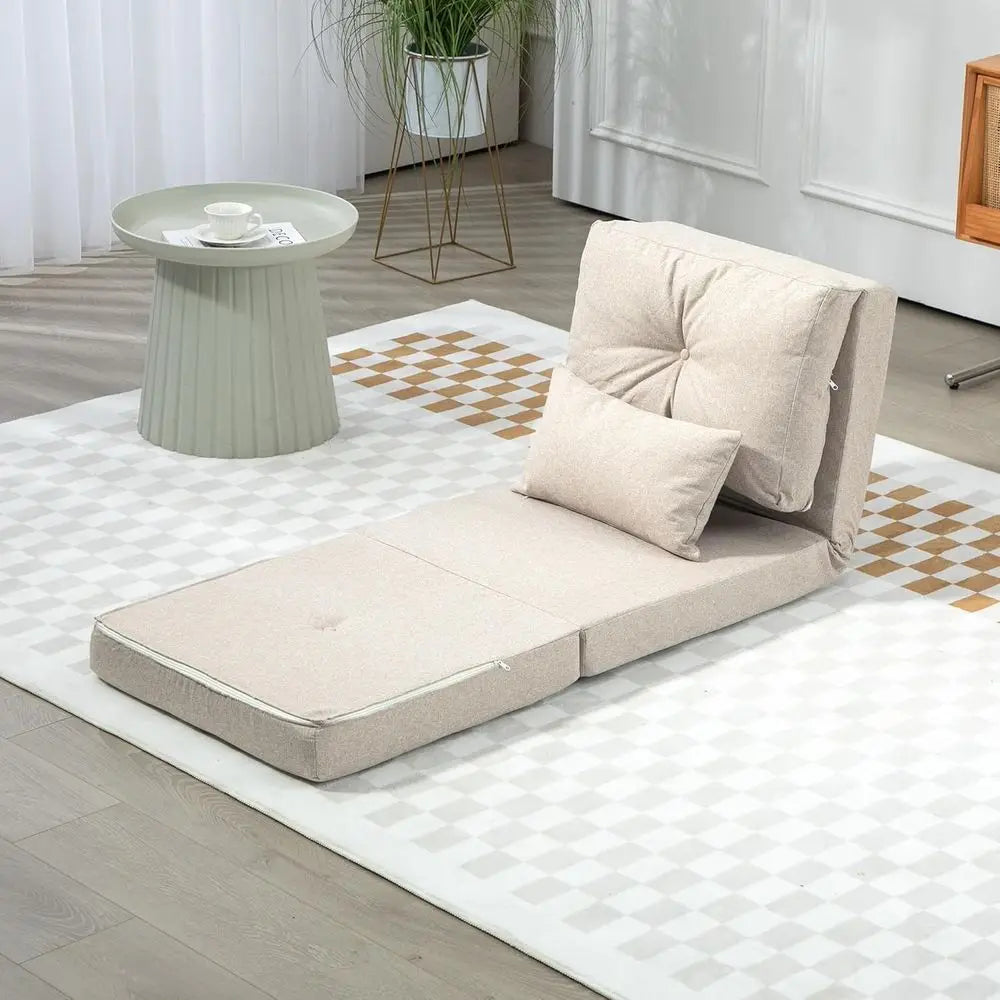 Convertible Sofa Bed with Adjustable Backrest, Metal Legs and Pillows, Suitable for Living Room and Bedroom, Beige