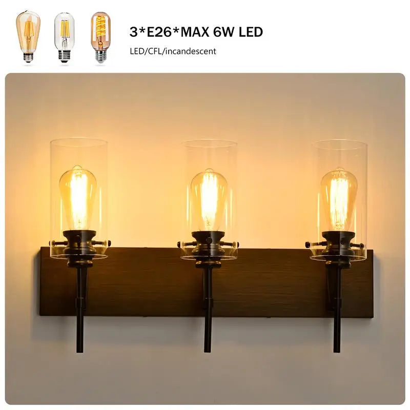 3-Light Matte Black and Wood Vanity Light Fixture, Modern Bathroom Lighting with Glass Shade for Mirror, Kitchen, Dining Room,