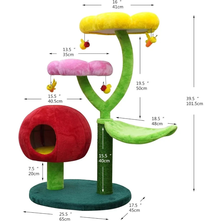 5-Level 40 Colorful Garden Style Cat Tree with Flower Perches Leaf Hammock Fruit Condo Natural Sisal Scratching Post Bee Toys P