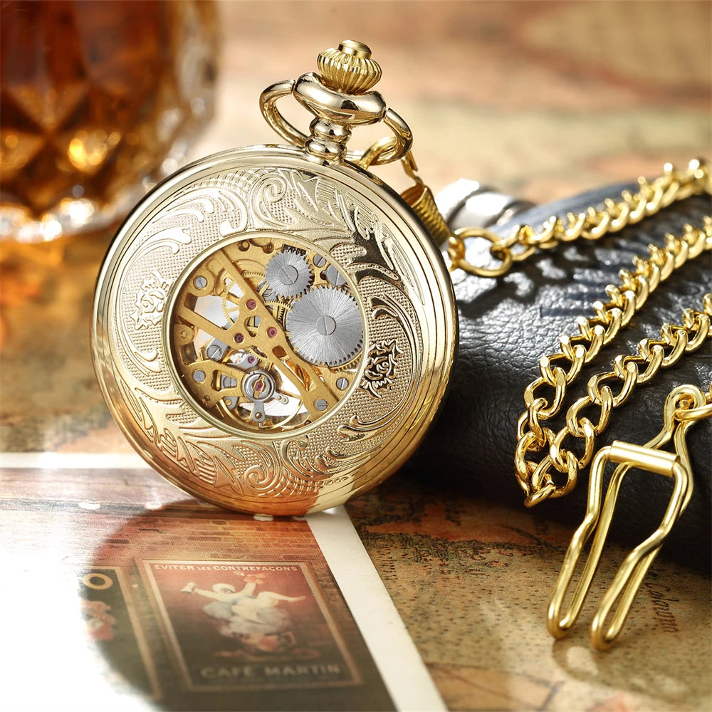 Luxury Retro Golden Hollow Skeleton Mechanical Pocket Watch Mens Fob Chain Steel Exquisite Sculpture Women Men Pocket Wath Gifs