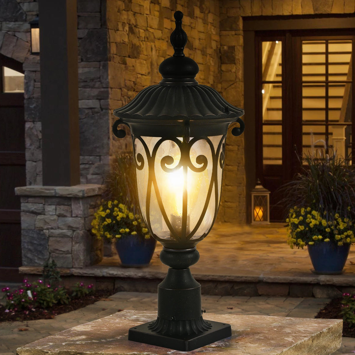 Vintage Black Outdoor Post Lantern - Waterproof Aluminum Lamp Post Light with Bubble Glass, Decorative Garden Lighting(No Bulb)