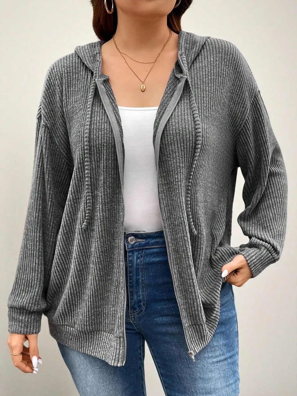 Gray Ribbed Drop Shoulder Zip-Up Hoodie with Drawstring for Spring Fall Casual Wear