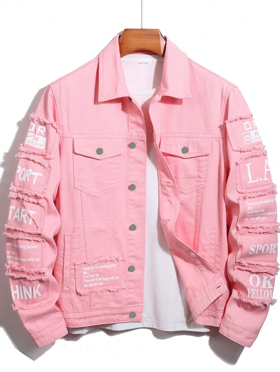 Men's Yellow Distressed Denim Jacket with Slogan Patches, Long Sleeve, Casual Fall Wear