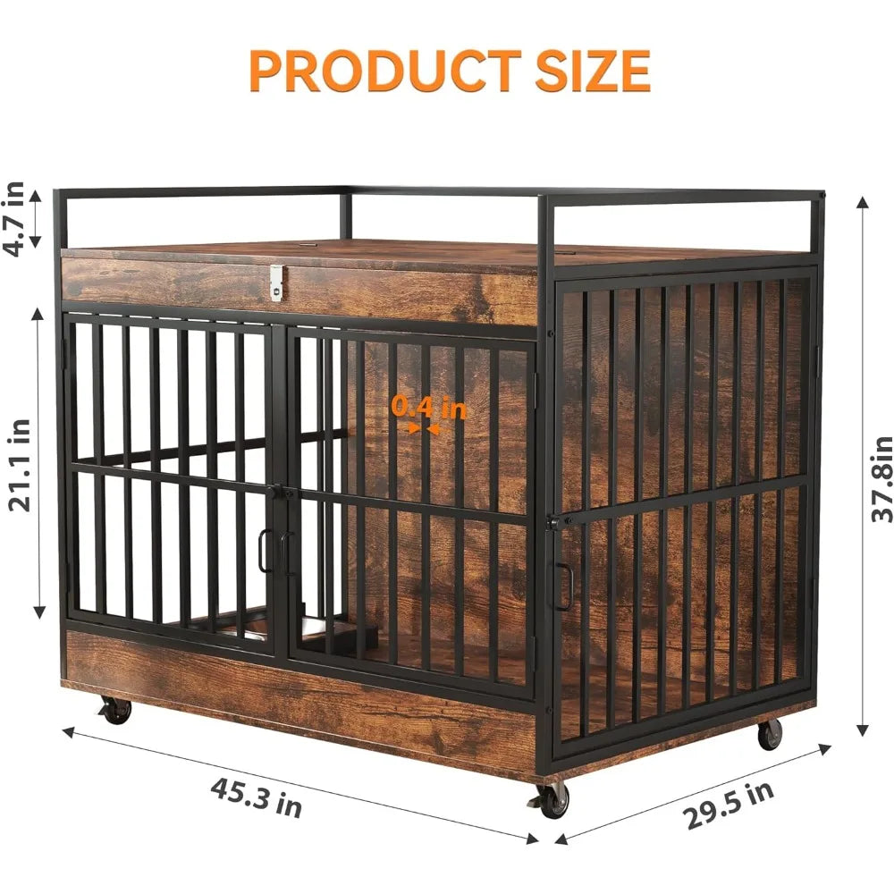 Extra Large Heavy Duty Dog Crate with Wooden Table and Stainless Steel Bowls for Large Dogs, XL Dog Kennel Furniture