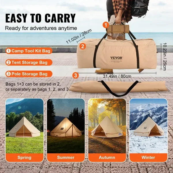 4 Season Canvas Yurt Tent 3m/9.8ft Outdoor Glamping Camping Shelter with Stove Jack Breathable Large Space