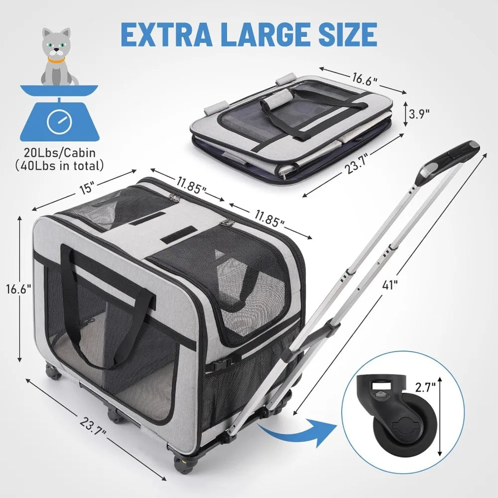 Double Pet Carrier with Wheels for Small Dogs and All-Breed Cats, Rolling Carrier for 2 Cats, Supports up to 40 Lbs