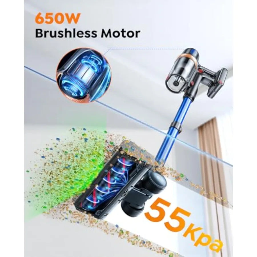 Cordless Vacuum Cleaner 650W 55KPA 70Mins for Home Upgraded Stick Vacuum with Extra Mattress Cleaning Tool Self-Standing Anti-T