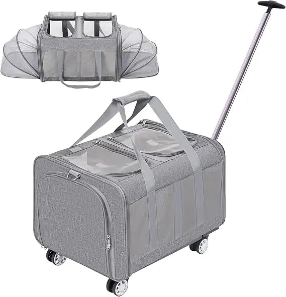 Expandable Pet Carrier with Wheels, Double Cat Dog Carrier 21x 17x 16 up to 40 Lbs, Rolling Pet Carrier for Cats and Dogs, Extra