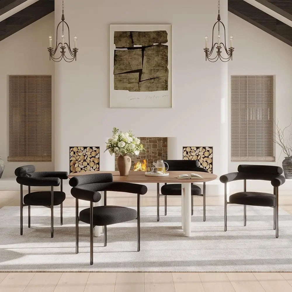 Set of 4 Modern Black Boucle Dining Chairs with Arms, Barrel Design, Metal Legs, and Curved Backrests for Kitchen and Dining Roo