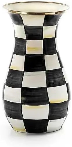 MACKENZIE-CHILDS Tall Enamel Vase, Unique Flower Vase, Decorative Table Decor for Living Room, Black-and-White Courtly Check