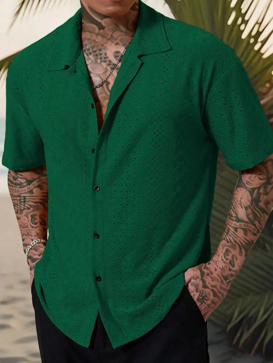 Men's Yellow Eyelet Lacework Short Sleeve Button-Down Casual Shirt