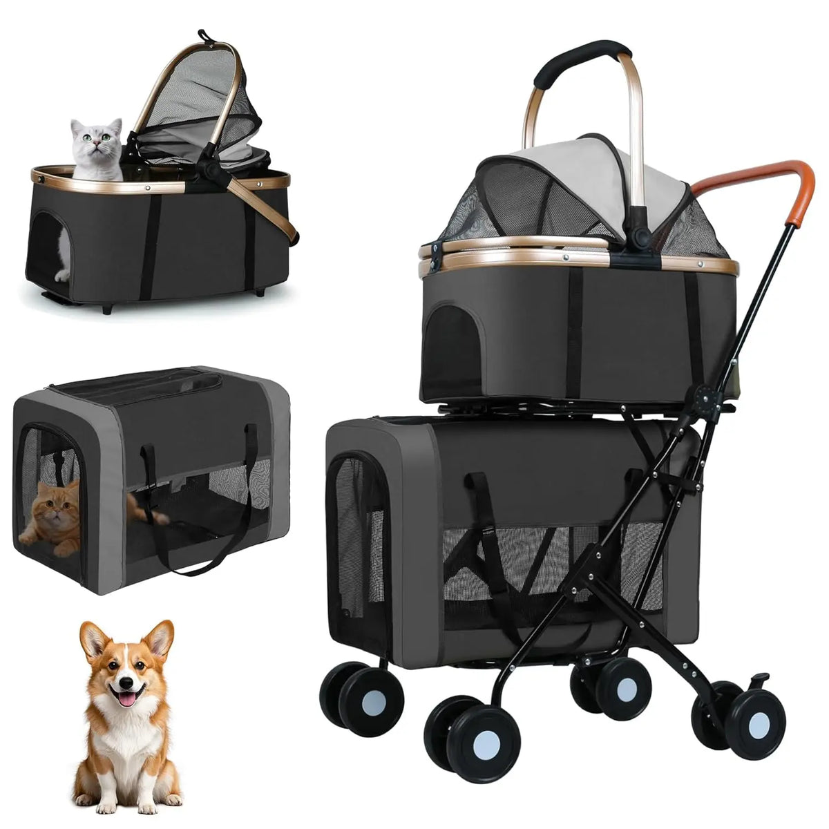 Foldable Double Pet Stroller for Dogs & Cats with Detachable Carriers, Safety Belts, 4 Lockable Wheels - Ideal Multi-Pet Home