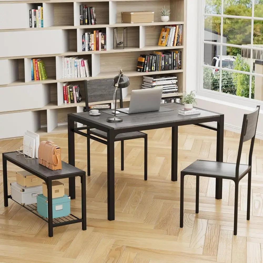 43.3 Grey Metal Dining Table Set with Bench and 2 Chairs for Small Spaces