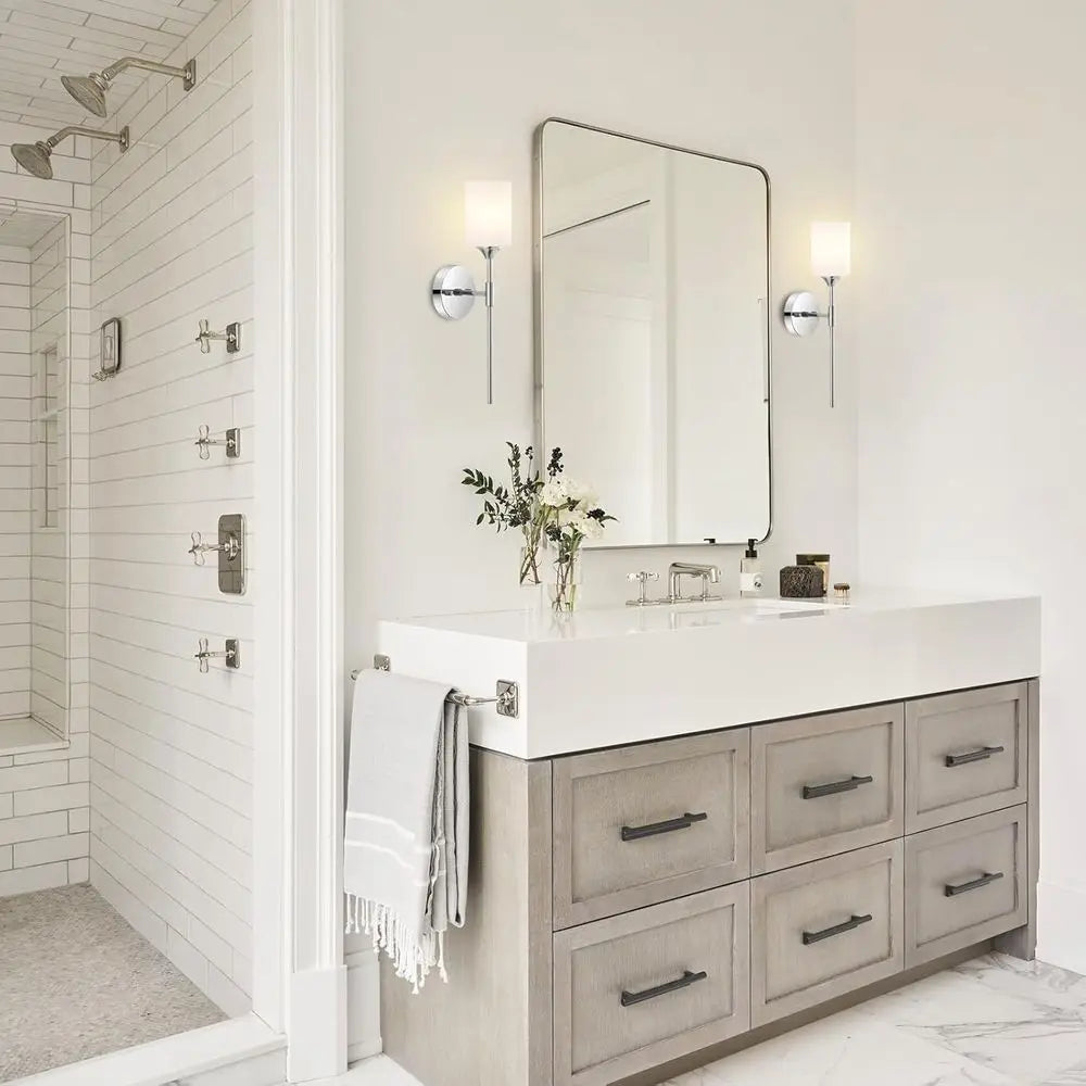 Pair of White Glass Cylinder Sconces, Mid-Century Modern Bathroom Vanity Lights, Industrial Style Wall Lamps for Home Decor