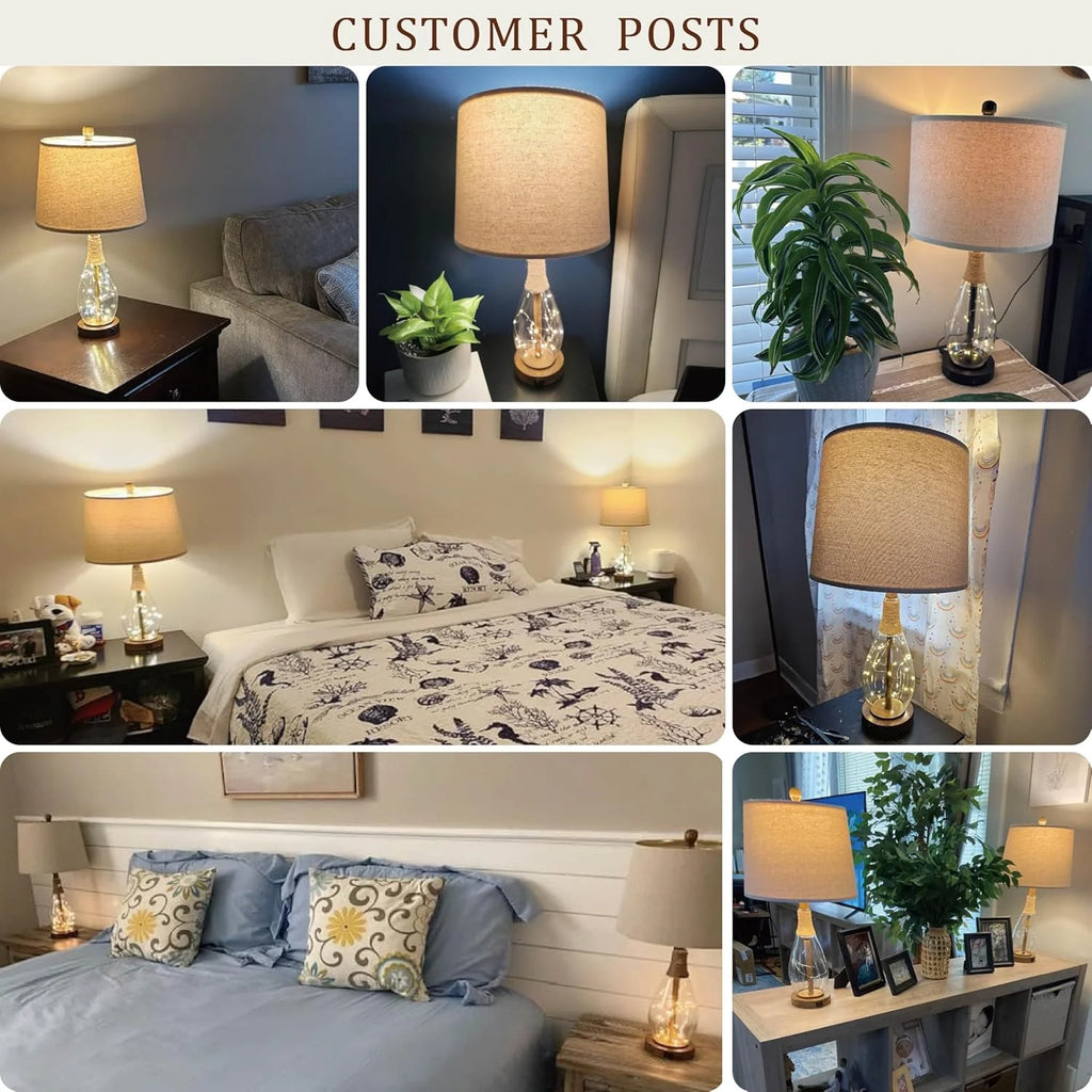 Modern Farmhouse Nightstand Lamps Set of 2 with USB Charging, Rattan Glass Design for Bedroom Living Room