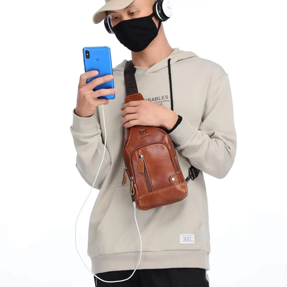 Genuine Leather Sling Bag with USB Charging Port Multi-pocket Chest Bag for Men Hiking Travel Daypack XB-129