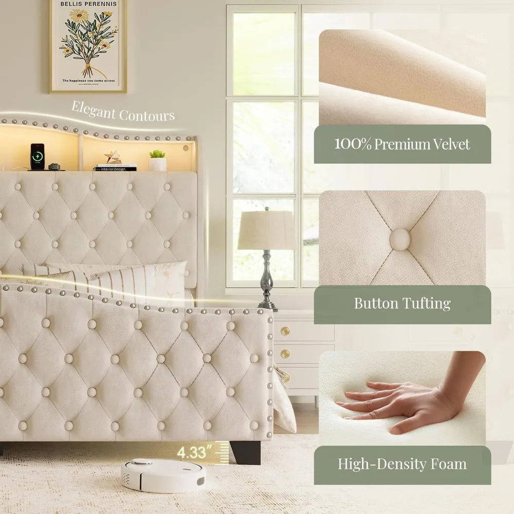 Queen Size Bed Frame and Headboard, 50.9" Velvet Upholstered Wingback Bedframe with LED Lights & Storage/Charging Station