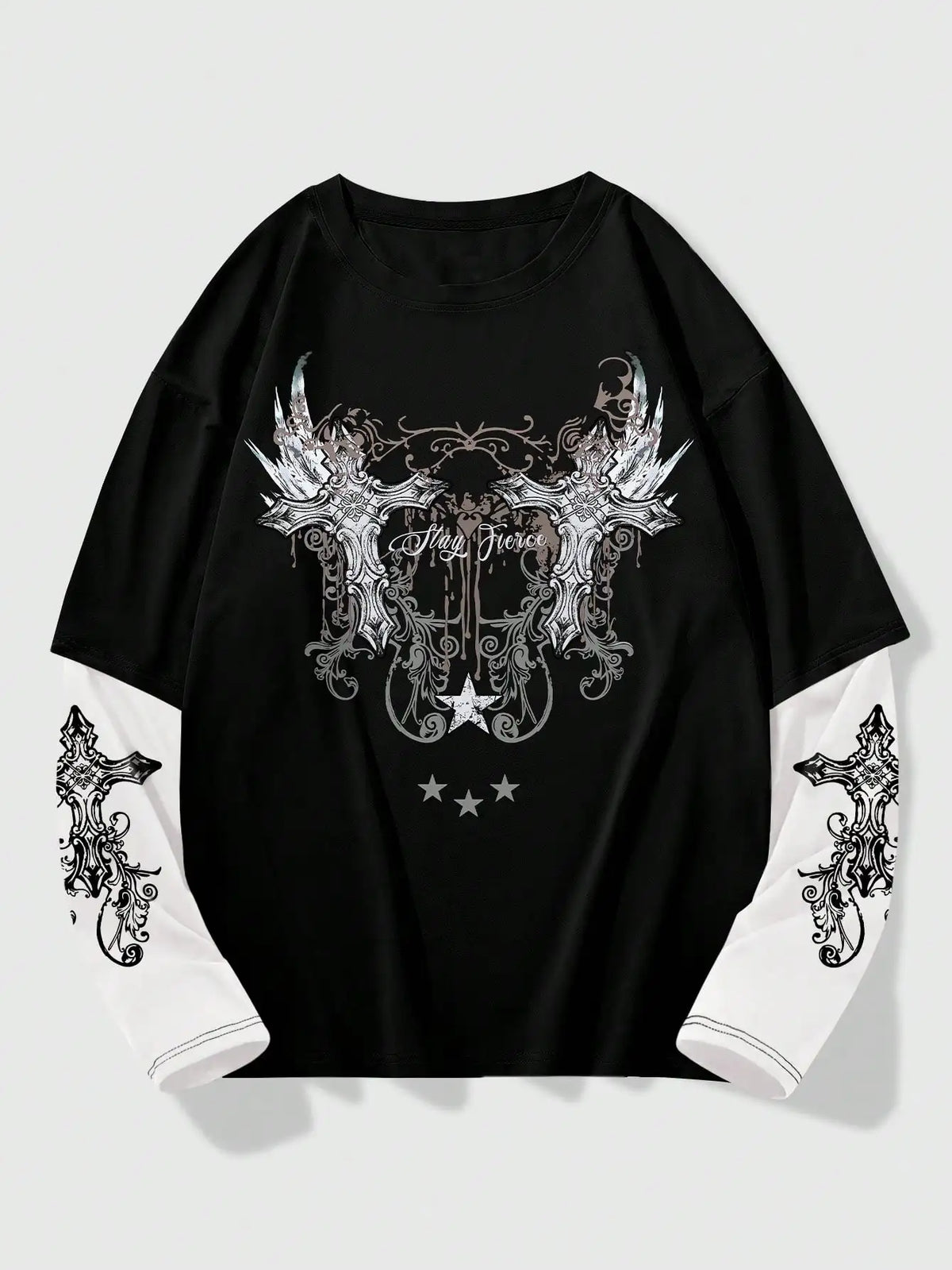 Men's Gothic Style 2-in-1 Layered T-Shirt with Cross Wing Graphic for Halloween Casual Wear